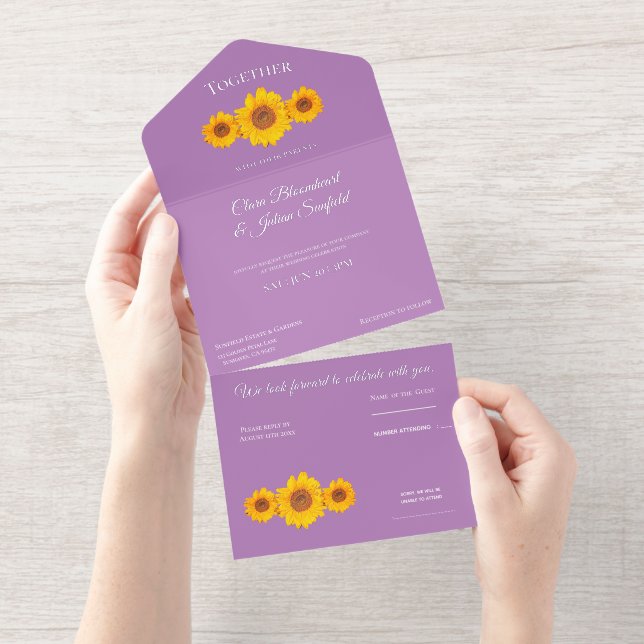 rustic wedding with sunflowers -  purple  all in one invitation  (Tearaway)