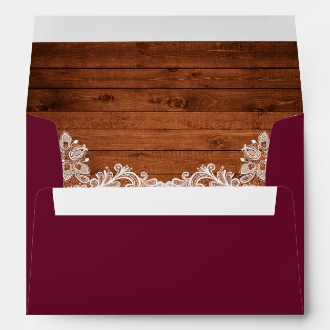 Rustic Wedding Wood and Lace Burgundy Envelope (Back (Bottom))