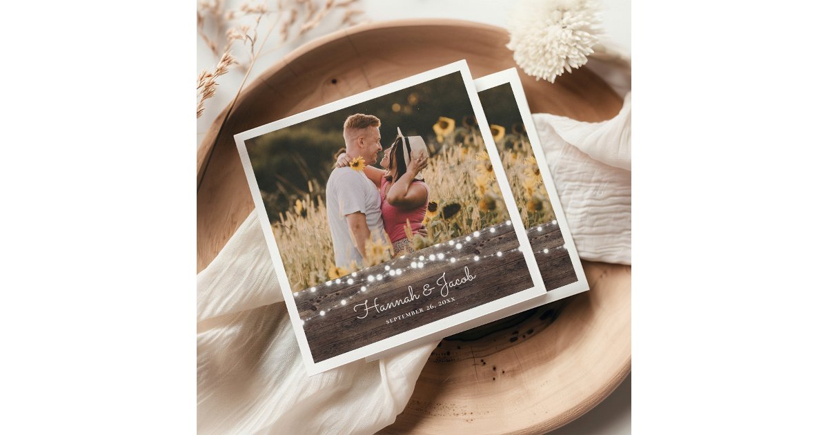 Rustic Wedding Wood and String Lights Napkins | Zazzle