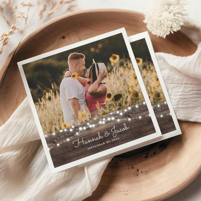 Rustic Wedding Wood and String Lights Napkins | Zazzle