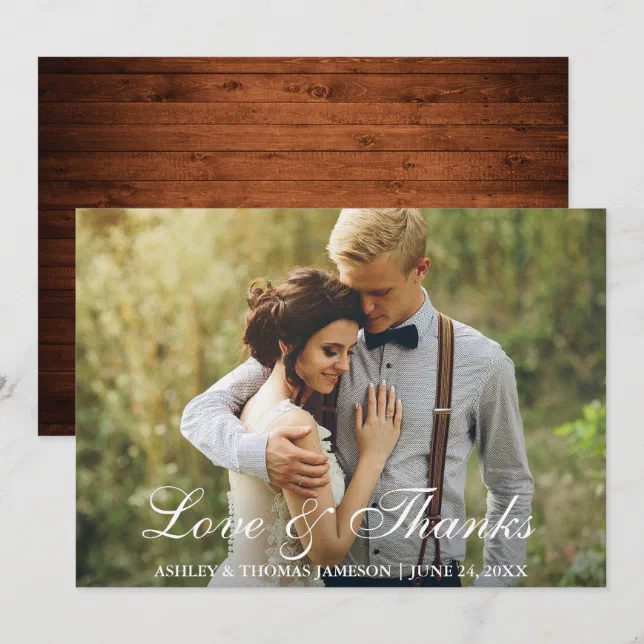 Rustic Wedding Wood Back Photo Love and Thanks Thank You Card | Zazzle