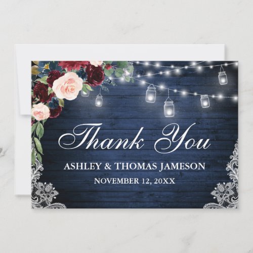 Rustic Wedding Wood Blue Burgundy Floral Lights Thank You Card