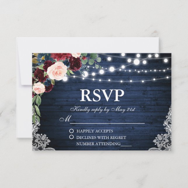 Rustic Wedding Wood Blue Burgundy Floral RSVP (Front)