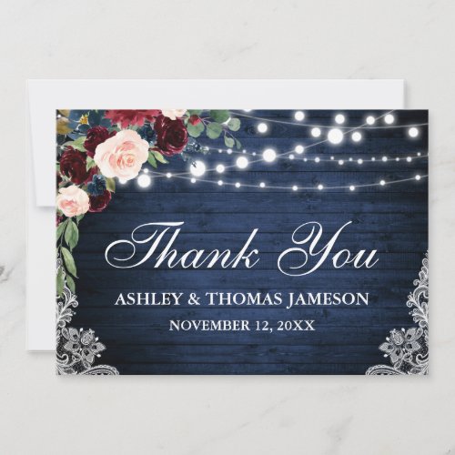 Rustic Wedding Wood Blue Burgundy Floral Thank You Card