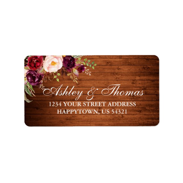 Rustic Wedding Wood Burgundy Floral Address Label (Front)