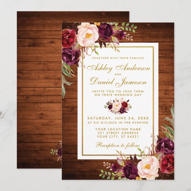 Rustic Wedding Wood Burgundy Floral Wedding Invite (Front/Back)