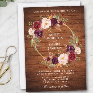 Rustic Wedding Wood Burgundy Floral Wreath Invite