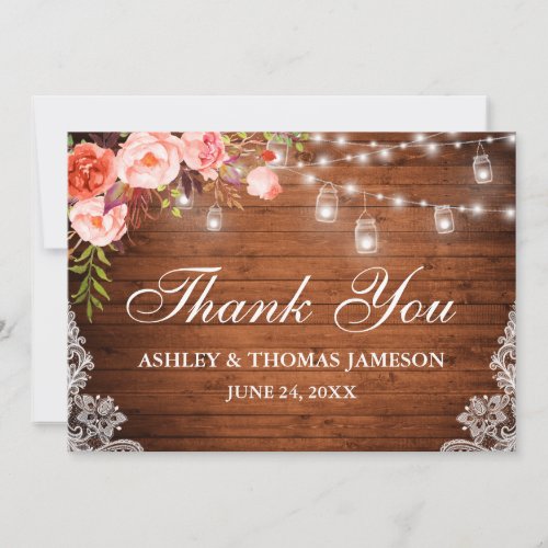 Rustic Wedding Wood Coral Floral Jar Lights Lace Thank You Card