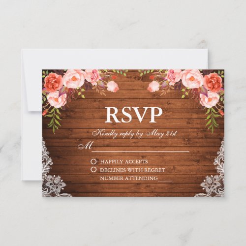 Rustic Wedding Wood Coral Floral Lace RSVP