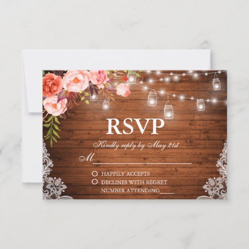 Rustic Wedding Wood Coral Floral Lights Jars RSVP