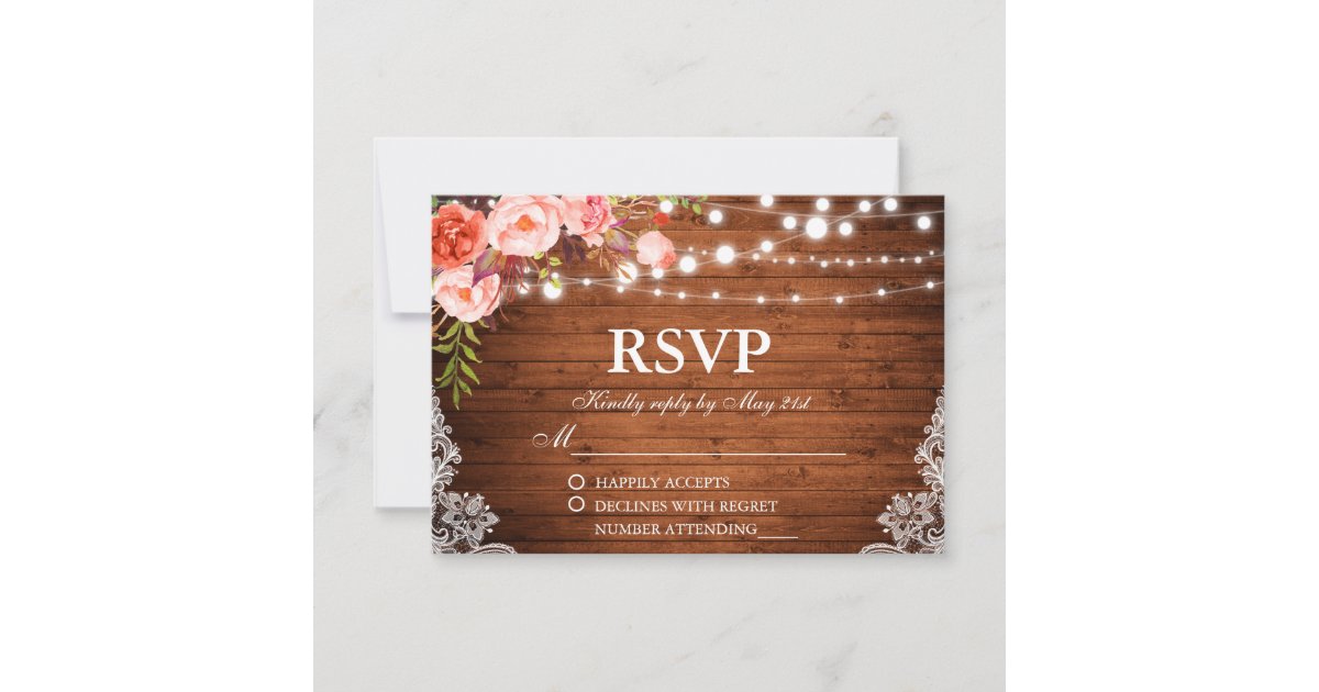 Rustic Wedding Wood Coral Floral Lights Lace RSVP Card | Zazzle