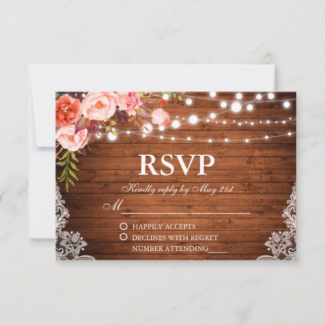 Rustic Wedding Wood Coral Floral Lights Lace RSVP Card (Front)
