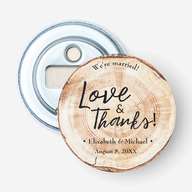 Rustic Wedding wood Cut Disc Love and Thanks Bottle Opener (Front)