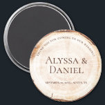 Rustic Wedding Wood Cut Grain Custom Magnet<br><div class="desc">Introducing our Rustic Wedding Wood Cut Grain Custom Magnet, inspired by the charm and natural beauty of wood slabs commonly seen at romantic rustic weddings. This round magnet souvenir is designed to mimic a wood slice, showcasing the intricate tree rings and adding a touch of rustic elegance to your wedding...</div>