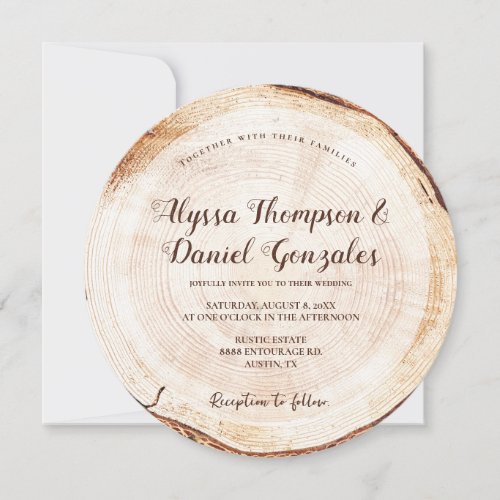 Rustic Wedding Wood Cut Grain Slice Script Names Invitation
