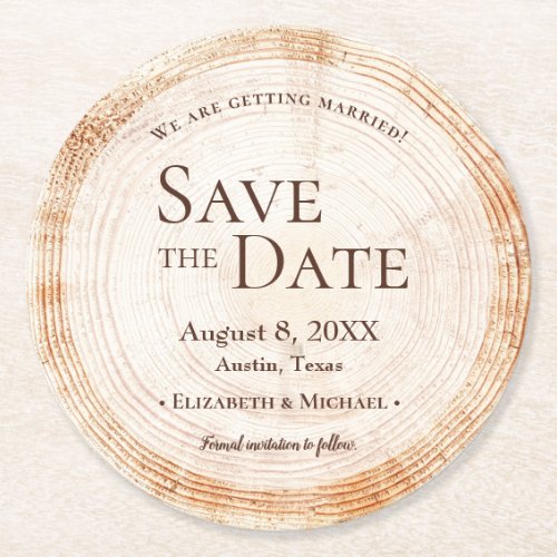 Rustic Wedding Wood cut slice tree save the date Round Paper Coaster
