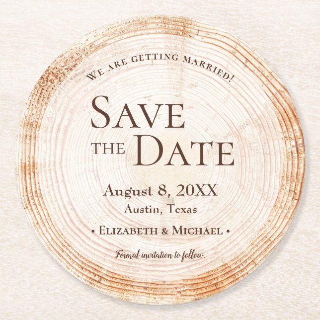 Rustic Wedding Wood cut slice tree save the date Round Paper Coaster (Front)