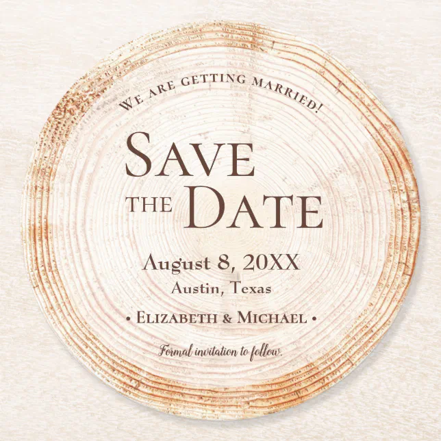 Rustic Wedding Wood cut slice tree save the date Round Paper Coaster ...