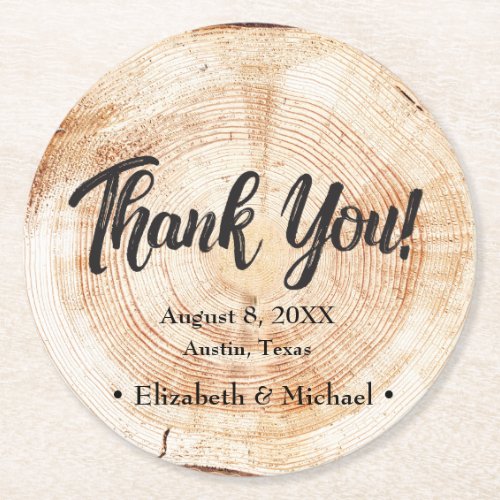 Rustic Wedding Wood Cut Thank You favor Round Paper Coaster