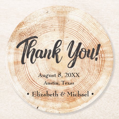 Rustic Wedding Wood Cut Thank You Round Paper Coaster