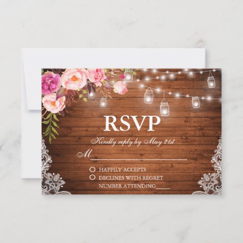 Rustic Wedding Wood Floral Lights Jars Lace RSVP