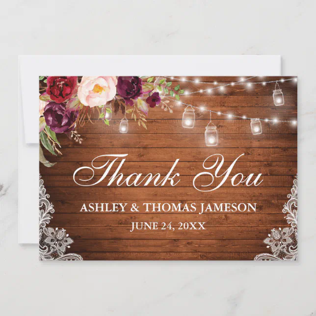 Rustic Wedding Wood Floral Lights Jars Lace Thanks Thank You Card | Zazzle