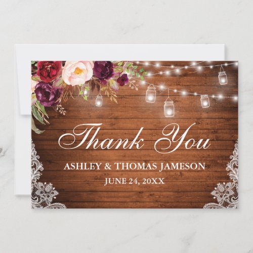 Rustic Wedding Wood Floral Lights Jars Lace Thanks Thank You Card