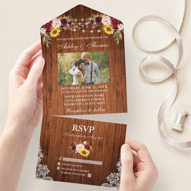 Rustic Wedding Wood Floral Lights Lace Photo All In One Invitation | Zazzle