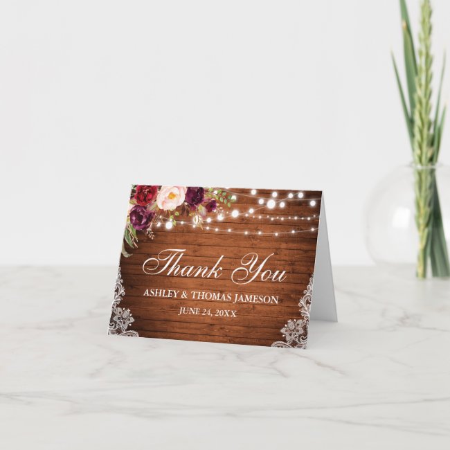 Rustic Wedding Wood Floral Lights Lace Thanks Note Thank You Card