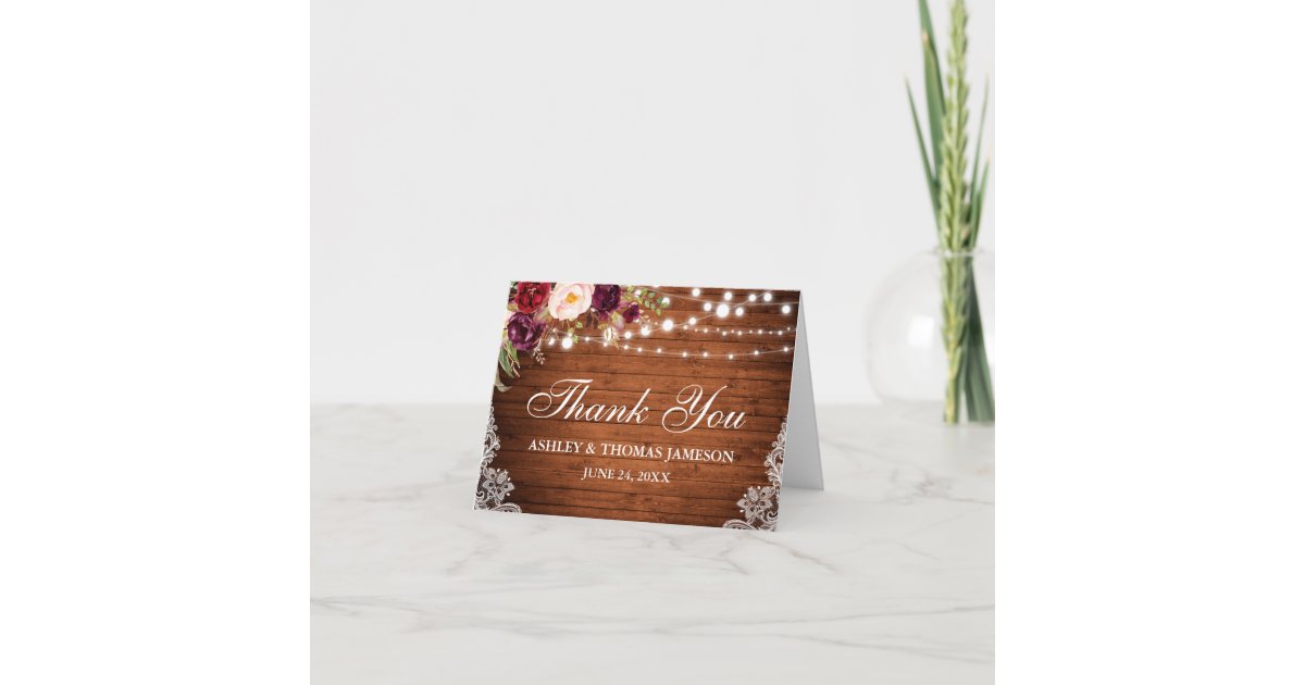 Rustic Wedding Wood Floral Lights Lace Thanks Note Thank You Card | Zazzle