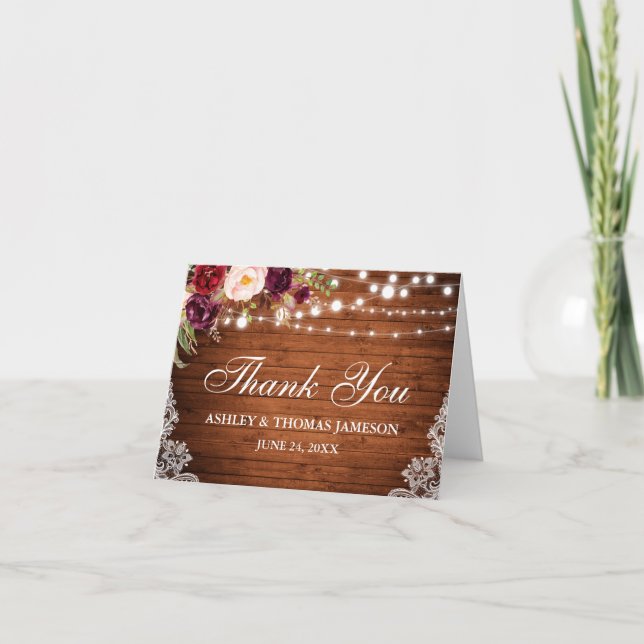 Rustic Wedding Wood Floral Lights Lace Thanks Note Thank You Card (Front)