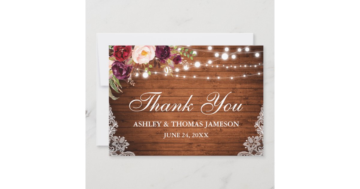 Rustic Wedding Wood Floral Lights Lace Thanks Thank You Card | Zazzle