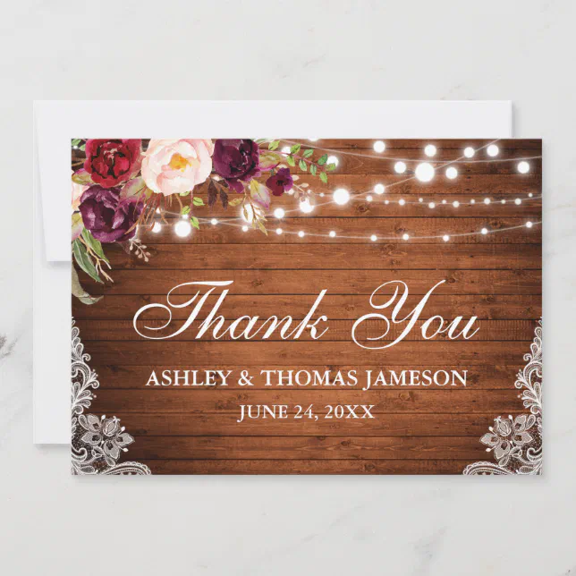 Rustic Wedding Wood Floral Lights Lace Thanks Thank You Card | Zazzle