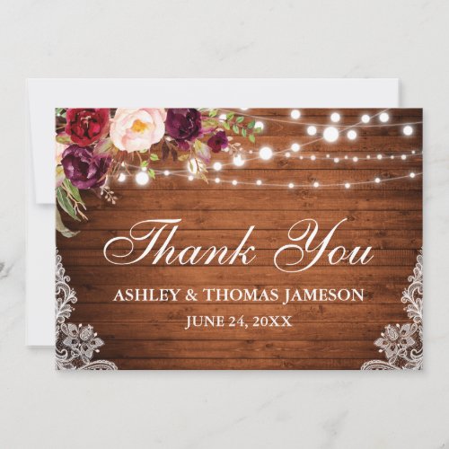 Rustic Wedding Wood Floral Lights Lace Thanks Thank You Card