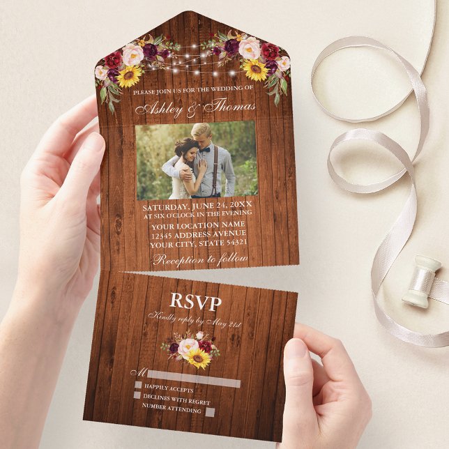 Rustic Wedding Wood Floral Lights Photo All In One Invitation (All In One Wedding Invitation with tear off RSVP Card)