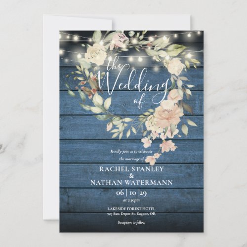 Rustic Wedding Wood Floral String Lights Monogram Invitation