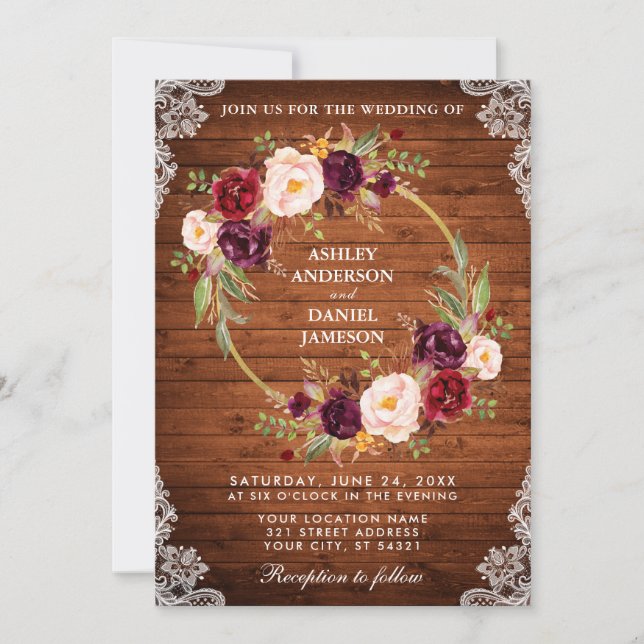 Rustic Wedding Wood Floral Wreath Lace Invite Br (Front)
