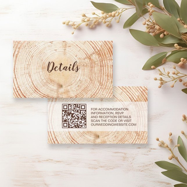 Rustic Wedding Wood Grain Details QR code Custom Enclosure Card (Details enclosure card with wedding website QR code, wood texture background.)