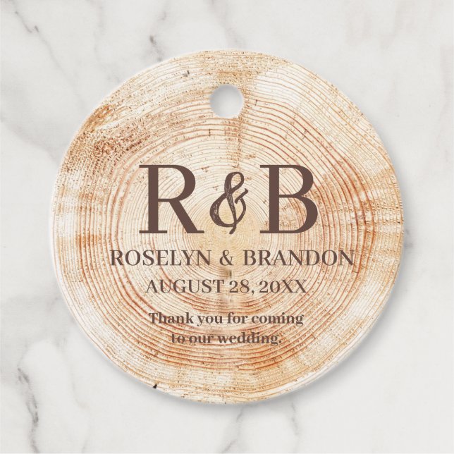 Rustic Wedding wood grain Monogram thank you Favor Tags (Front)