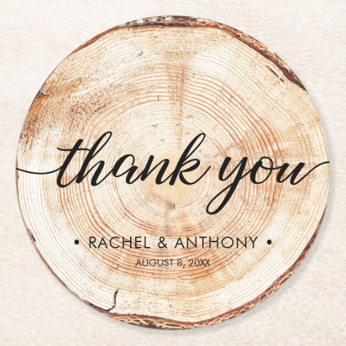 Rustic Wedding Wood Grain Thank You Round Paper Coaster