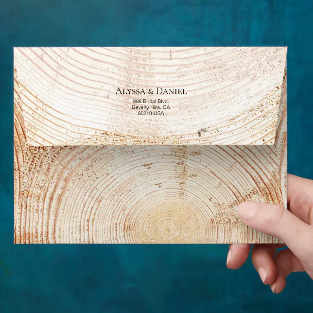 Rustic Wedding Wood grain tree ring Custom address Envelope | Zazzle