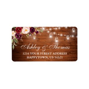 Rustic Wedding Wood Jar Lights Floral Address Label