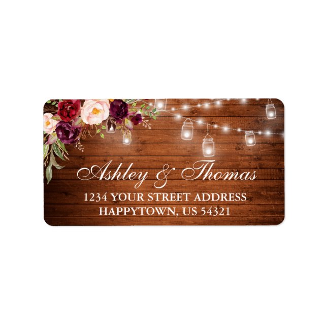Rustic Wedding Wood Jar Lights Floral Address Label (Front)