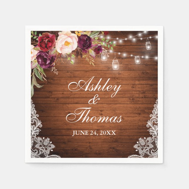 Rustic Wedding Wood Jar Lights Floral Lace Napkins (Front)