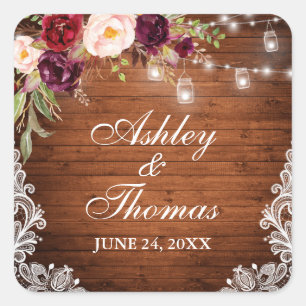 Rustic Wedding Wood Jar Lights Floral Lace Square Sticker