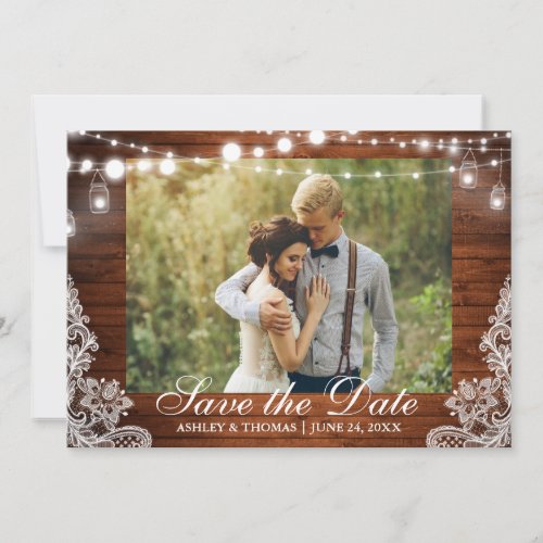 Rustic Wedding Wood Jar Lights Lace Save the Date