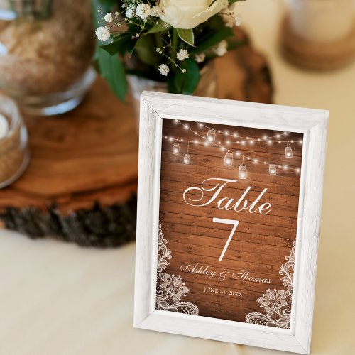 Rustic Wedding Wood Jar Lights Lace  Table Number