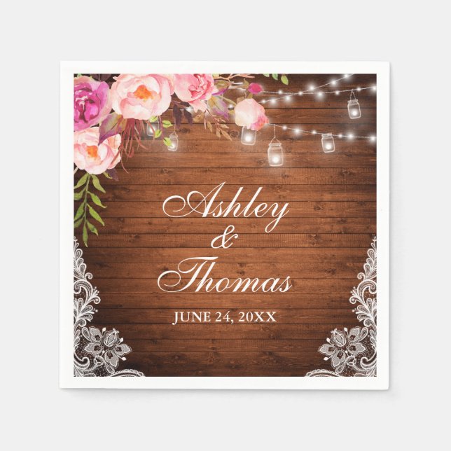 Rustic Wedding Wood Jar Lights Pink Floral Lace Napkins (Front)