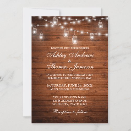 Rustic Wedding Wood Jar String Lights Invitation