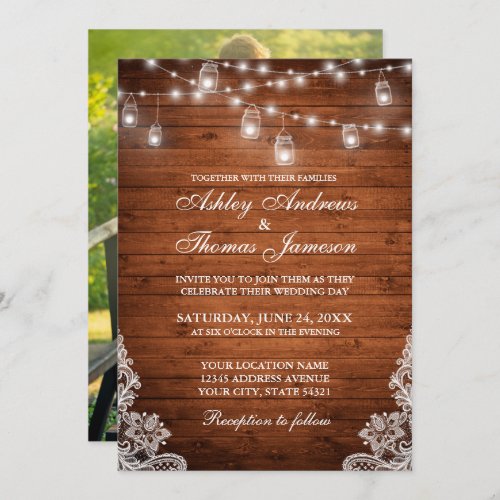 Rustic Wedding Wood Jar String Lights Lace Photo Invitation